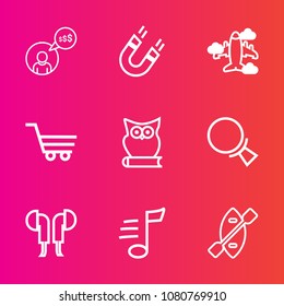 Premium set with outline vector icons. Such as melody, magnet, trolley, retail, magnifying, attraction, plane, musical, paddle, magnetic, freelance, internet, pole, science, office, south, online, owl