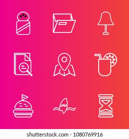 Premium set with outline vector icons. Such as summer, empty, folder, electricity, surfing, pin, mineral, time, white, map, ocean, tomato, drink, seasoning, blank, tropical, bath, zoom, sandwich, tool