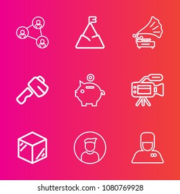 Premium set with outline vector icons. Such as white, phone, microphone, vintage, display, axe, coin, nature, blue, lens, uniform, cutout, bank, male, construction, tool, package, hotel, box, mobile