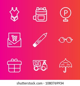 Premium set with outline vector icons. Such as summer, bag, rucksack, eye, object, gift, holiday, rain, beach, road, girl, box, fashion, dumper, optical, sexy, vehicle, protection, umbrella, receipt