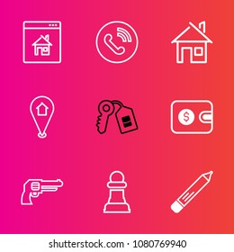 Premium set with outline vector icons. Such as handgun, pencil, cash, real, ring, business, security, key, house, button, location, horse, estate, game, strategy, finance, telephone, sign, phone, buy