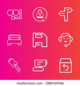 Premium set with outline vector icons. Such as glass, craft, bed, headset, camera, record, mask, return, double, safety, equipment, business, video, technology, diskette, view, box, call, direction