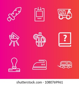 Premium set with outline vector icons. Such as label, tag, military, book, tipper, medieval, retro, travel, barbecue, war, stationery, clothes, old, banner, knight, cooking, pen, hand, graphic, paper
