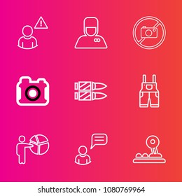 Premium set with outline vector icons. Such as hotel, service, luggage, meeting, business, arrow, equipment, internet, web, communication, businessman, photography, forbidden, alarm, bellboy, uniform