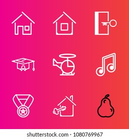 Premium set with outline vector icons. Such as music, sign, achievement, modern, university, key, transportation, fresh, pear, graduation, sound, arrow, architecture, estate, safety, aircraft, exit