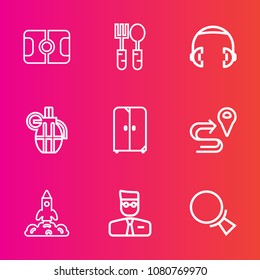 Premium set with outline vector icons. Such as audio, table, user, cabinet, location, sound, science, music, cupboard, shuttle, map, military, find, account, play, web, weapon, spoon, equipment, game