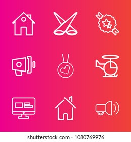 Premium set with outline vector icons. Such as new, aircraft, scene, property, real, fashion, sound, loudspeaker, necklace, ribbon, communication, backdrop, illuminated, transport, badge, speaker, web