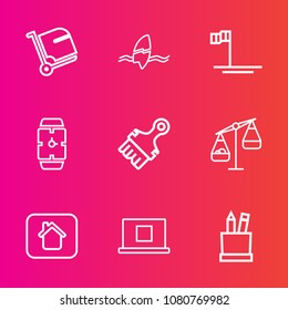 Premium set with outline vector icons. Such as internet, balance, blue, surfer, tourism, paintbrush, equipment, paint, bag, brush, profile, surf, mexico, stationery, suitcase, clock, journey, luggage