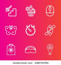 Premium set with outline vector icons. Such as boat, canoe, butterfly, insect, device, map, mouse, buy, travel, dangerous, explosive, click, down, weapon, danger, watch, clock, hand, timer, sign, time
