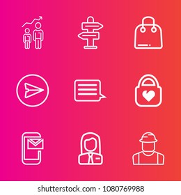 Premium set with outline vector icons. Such as worker, direction, arrow, success, development, internet, way, paper, communication, personal, job, retail, employer, people, message, object, road, gift