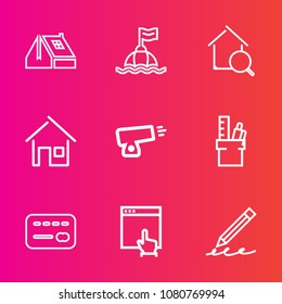 Premium set with outline vector icons. Such as balance, home, mouse, gun, stationery, click, credit, life, real, buoy, pen, war, write, military, rescue, building, equipment, roofing, water, estate