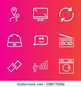 Premium set with outline vector icons. Such as travel, washer, map, location, face, monitor, radio, sign, refresh, development, navigation, reload, sound, hyperlink, arrow, computer, link, road, web