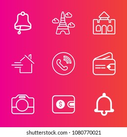 Premium set with outline vector icons. Such as medieval, eiffel, home, finance, call, bell, kingdom, video, ring, real, phone, circle, rent, paris, button, europe, money, wallet, architecture, famous