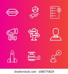 Premium set with outline vector icons. Such as shuttle, online, job, music, transport, doorknob, cancel, record, aviation, launch, packaging, vintage, hamburger, retro, fast, human, science, lettuce