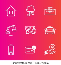 Premium set with outline vector icons. Such as construction, dumper, taxi, bag, building, dump, property, balance, transportation, tipper, computer, modern, business, vehicle, luxury, travel, weight