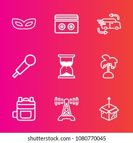 Premium set with outline vector icons. Such as party, package, delivery, bag, sound, box, cardboard, hourglass, karaoke, fast, audio, leaf, music, business, communication, sand, masquerade, nature