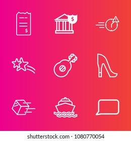 Premium set with outline vector icons. Such as banking, concept, business, job, holiday, finance, speech, guitar, cash, boat, falling, sea, water, financial, musical, pay, transportation, delivery