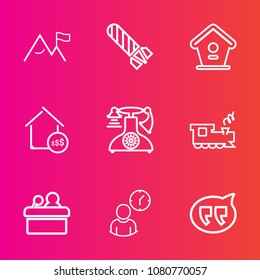 Premium set with outline vector icons. Such as real, transportation, explosive, travel, call, rock, presentation, bird, summer, speaker, message, railway, transport, house, old, telephone, meeting