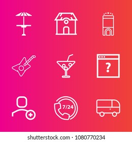 Premium set with outline vector icons. Such as account, transportation, user, business, room, bus, call, table, house, wooden, transport, glass, estate, unknown, speed, service, light, drink, page