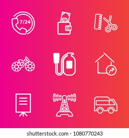 Premium set with outline vector icons. Such as operator, move, people, safety, communication, home, bus, property, equipment, presentation, radio, increase, purse, transportation, dollar, cycle, hair