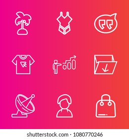 Premium set with outline vector icons. Such as nature, technology, buy, dish, trash, development, beach, box, tshirt, internet, success, coconut, human, rubbish, progress, retail, vacation, paper