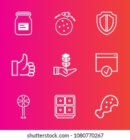 Premium set with outline vector icons. Such as sign, shield, shuttle, hand, space, bank, packaging, aluminum, growth, good, metal, fast, electric, success, guard, page, science, container, life, meal