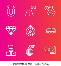 Premium set with outline vector icons. Such as gem, vehicle, equipment, education, east, bus, travel, pole, north, glass, south, beauty, traffic, magnet, blank, bottle, fire, explosion, compass, sign