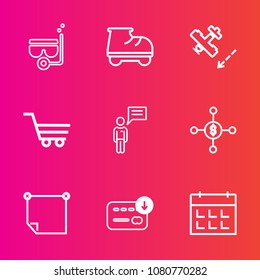Premium set with outline vector icons. Such as fun, time, snorkeling, female, sea, finance, lifestyle, note, water, travel, office, day, aircraft, bag, paper, sport, message, investment, chat, trolley
