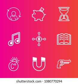 Premium set with outline vector icons. Such as sand, quality, rotation, management, literature, gun, education, book, finance, person, hour, fahrenheit, page, paper, magnetic, coin, note, sound, timer