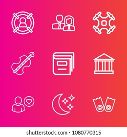 Premium set with outline vector icons. Such as customer, profile, education, star, sport, music, night, sound, summer, work, online, aerial, flipper, europe, propeller, worker, office, management, sky