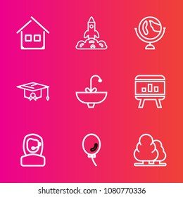 Premium set with outline vector icons. Such as space, faucet, sink, forest, college, world, exploration, center, balloon, planet, education, infographic, map, tree, tap, university, call, estate, air