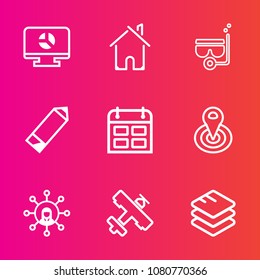 Premium set with outline vector icons. Such as screen, pen, modern, template, real, center, sea, estate, time, location, property, flight, diagram, snorkel, communication, plane, travel, cycle, data