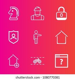 Premium set with outline vector icons. Such as business, work, internet, property, building, unknown, web, bike, unlock, professional, piece, shield, page, cycle, strategy, people, chess, showing, new