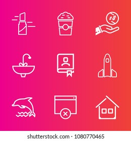 Premium set with outline vector icons. Such as rocket, beauty, beautiful, tap, launch, estate, fashion, cup, sign, dolphin, investment, finance, faucet, bathroom, color, makeup, lip, ocean, space, red