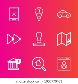 Premium set with outline vector icons. Such as stationery, cable, stamp, coaxial, music, tv, dessert, profile, audio, car, banking, world, finance, bank, transportation, internet, search, real, map