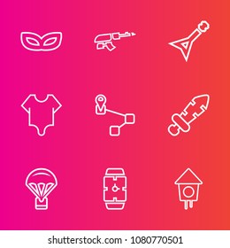 Premium set with outline vector icons. Such as carnival, girl, hand, knight, decoration, location, parachuting, holiday, musical, bodysuit, mask, cute, house, guitar, sword, jump, masquerade, army
