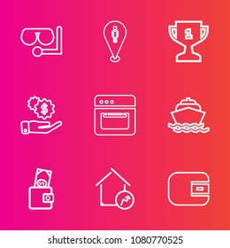 Premium set with outline vector icons. Such as glass, winner, champion, first, investment, dollar, achievement, property, home, mask, finance, diving, victory, place, real, navigation, kitchen, yacht