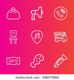Premium set with outline vector icons. Such as vehicle, loud, home, background, dump, dumper, speaker, ticket, ring, modern, jazz, food, bugle, announcement, bag, chair, object, sound, chicken, fast