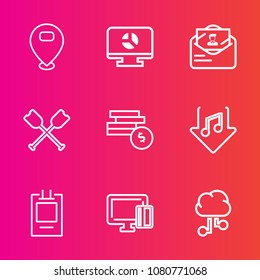 Premium set with outline vector icons. Such as boat, badge, paddle, mail, credit, oar, infographic, cloud, bank, location, network, travel, marker, pointer, graph, banner, canoe, sound, music, map