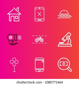 Premium set with outline vector icons. Such as transportation, wheel, microscope, search, nature, tv, web, technology, house, estate, phone, connection, bike, find, cycle, ventilator, cell, building
