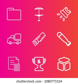 Premium set with outline vector icons. Such as projection, financial, projector, white, folder, baseball, office, blank, wooden, movie, cube, bar, empty, saw, bat, hammer, banking, paper, light, sport