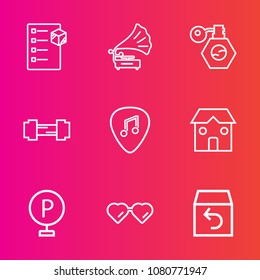 Premium set with outline vector icons. Such as exercise, business, beauty, warehouse, construction, guitar, musical, gym, record, order, white, sound, box, return, sport, package, car, delivery, road