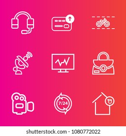 Premium set with outline vector icons. Such as fashion, support, microphone, communication, operator, global, diagnostic, bank, technology, camera, transportation, sport, bicycle, landlord, space, bag