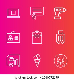 Premium set with outline vector icons. Such as business, elegant, template, sweet, woman, baggage, delivery, pretty, bag, transportation, white, professional, transport, food, people, certificate, web