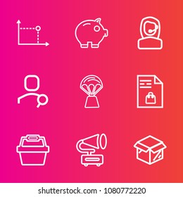 Premium set with outline vector icons. Such as basket, new, bank, air, finance, music, market, business, box, internet, web, cash, supermarket, notebook, headset, cardboard, hot, balloon, circle, sky