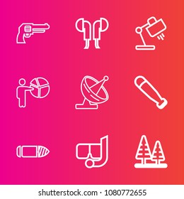 Premium set with outline vector icons. Such as handgun, environment, mask, presentation, satellite, table, earphone, device, forest, sport, people, snorkel, headset, weapon, pistol, sea, sound, summer