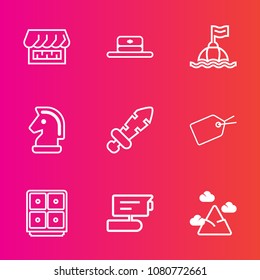 Premium set with outline vector icons. Such as safety, hat, sky, safe, tag, buoy, weapon, mountain, knight, market, strategy, curtain, chess, finance, blade, front, cap, object, sea, shop, modern, web