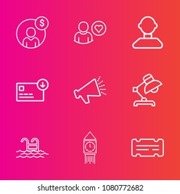 Premium set with outline vector icons. Such as technology, concept, london, entertainment, internet, loud, money, economy, banking, business, finance, summer, sound, big, application, website, home