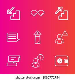 Premium set with outline vector icons. Such as money, sunglasses, video, style, fashion, modern, internet, sun, europe, work, upstairs, network, sign, finance, paris, wallet, business, vision, white