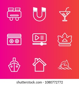 Premium set with outline vector icons. Such as mobile, glass, science, view, technology, summer, interface, drink, audio, stereo, animal, magnetic, see, wildlife, glasses, ocean, queen, sea, crown